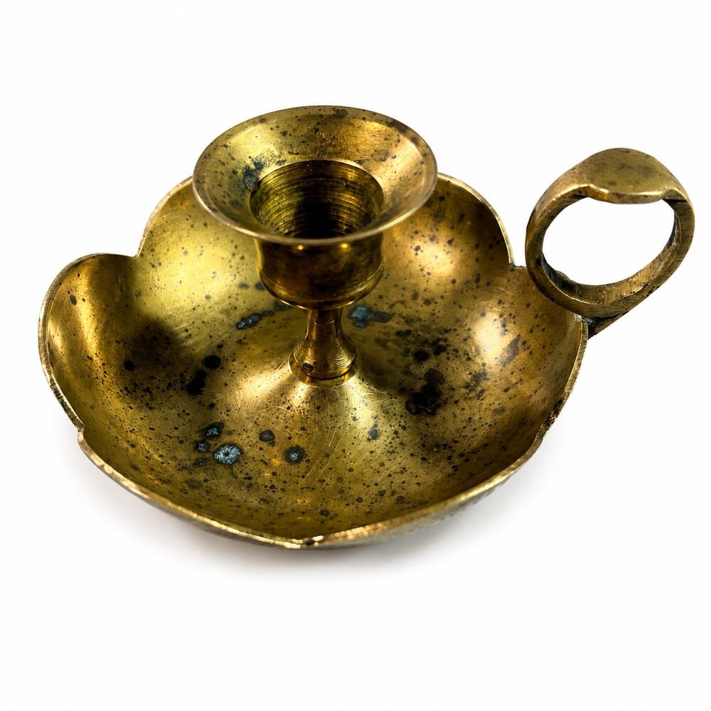Vintage Solid Brass Chamberstick Finger Loop Candle Holder Scalloped Drip Tray